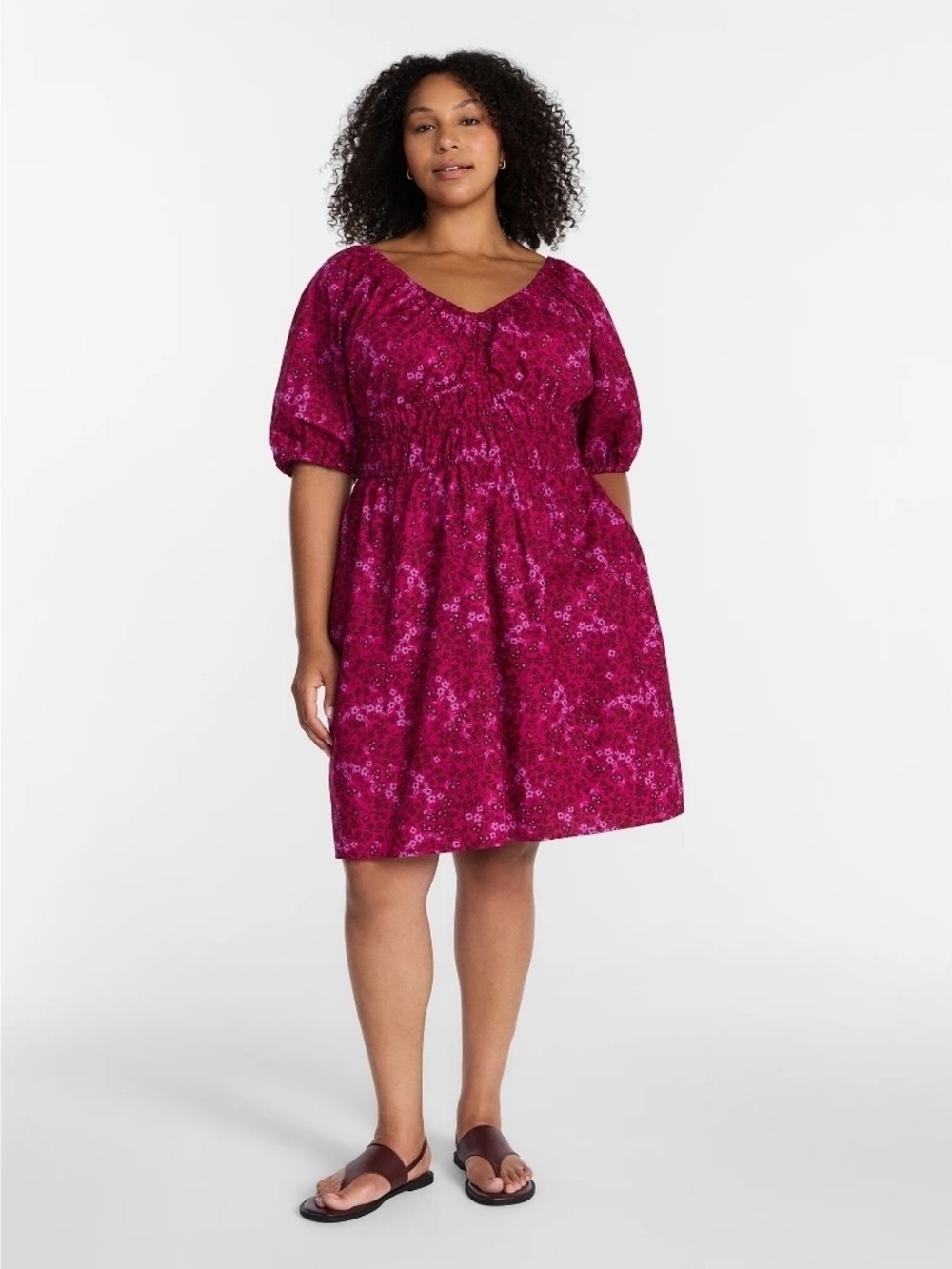 Plus Size Fuchsia Floral Puff Sleeve Dress